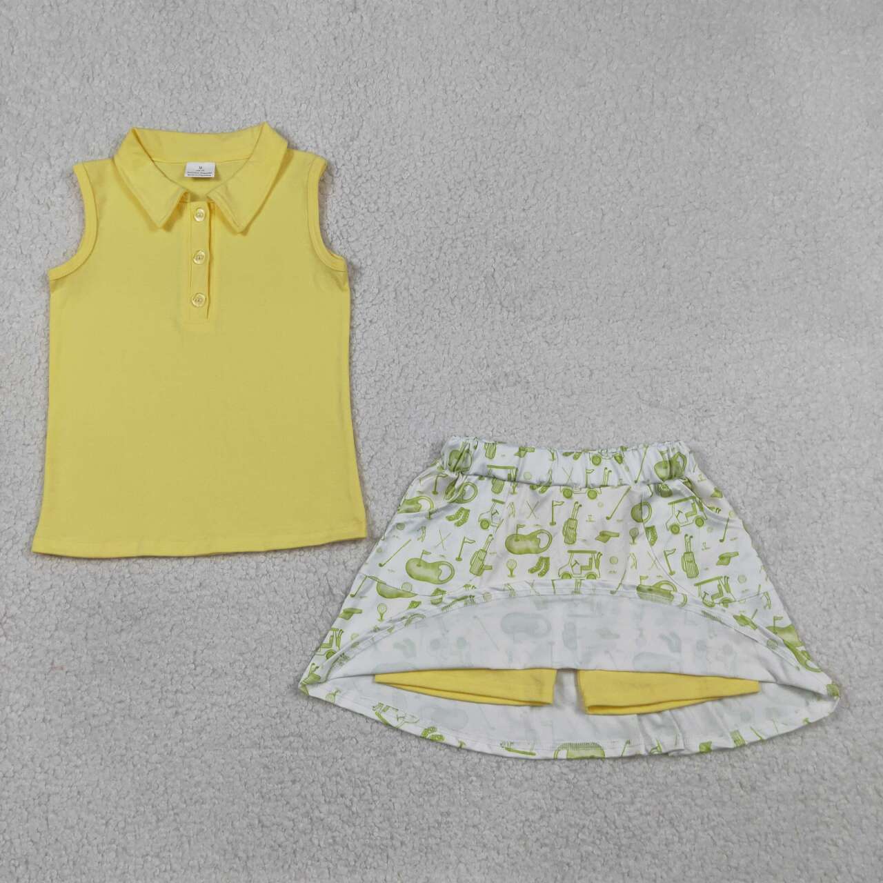 Yellow polo shirt gold shorts kids girls summer outfit