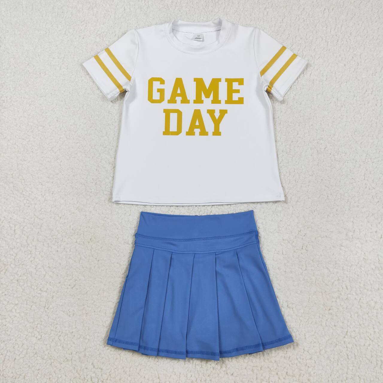 Gold Game day shirt blue skirt summer yoga outfit