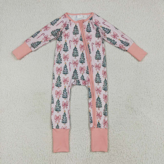 Christmas tree pink bow baby long sleeve romper