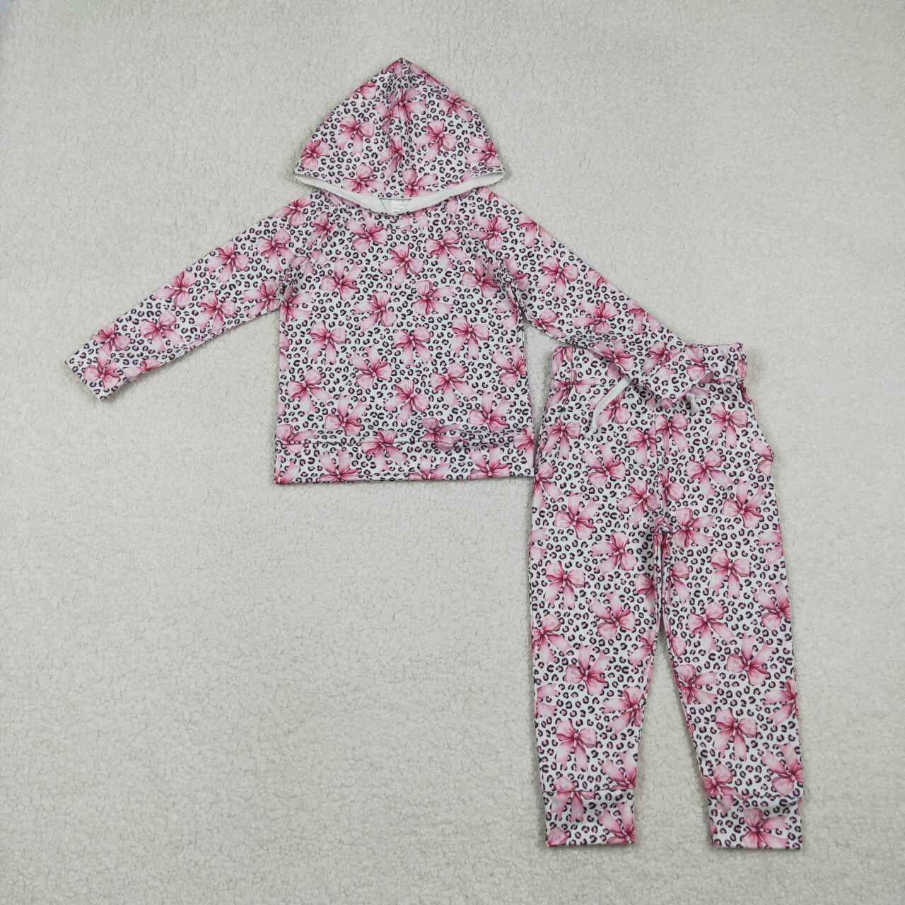 Pink bow leopard design kids long sleeve hoodie outfit