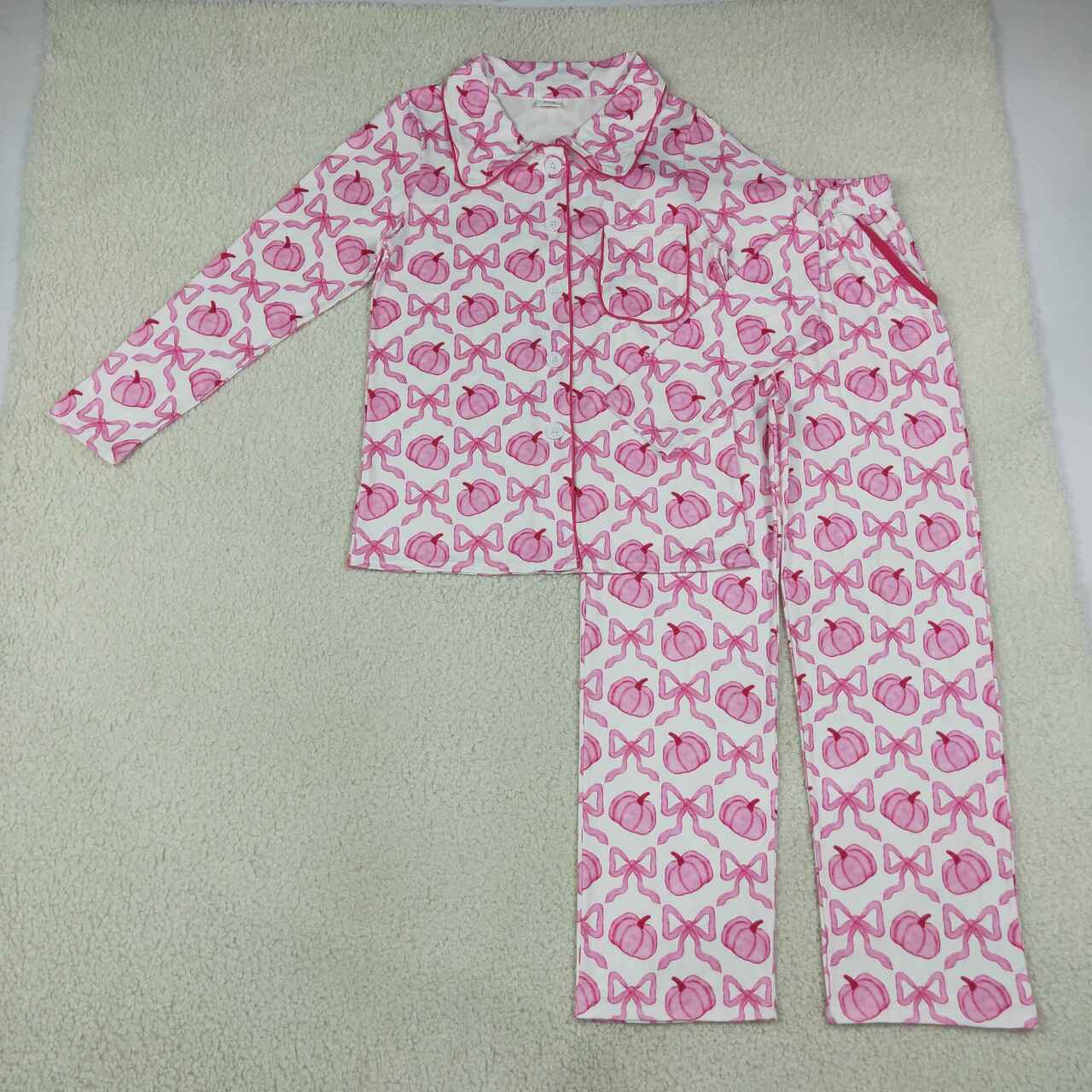Adult women pink pumpkin design long sleeve pajama set