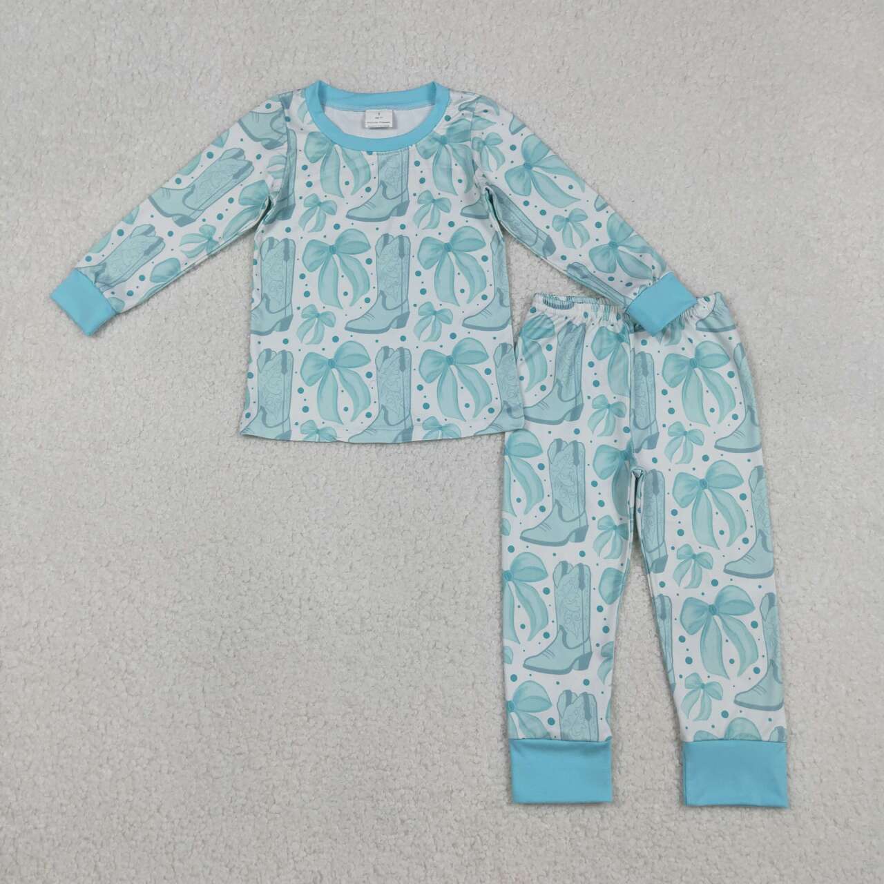 Turquoise bow boots western kids matching pajama set