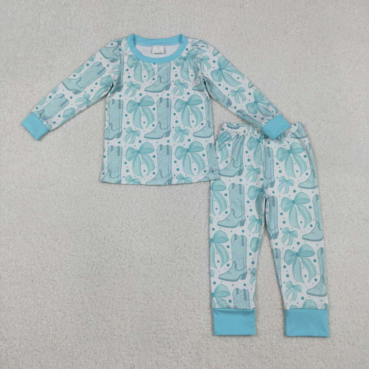 Turquoise bow boots western kids matching pajama set