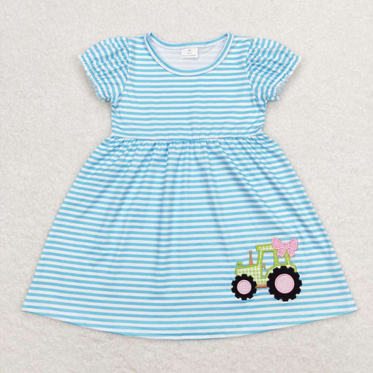 embroidery blue stripes farm tractor dress
