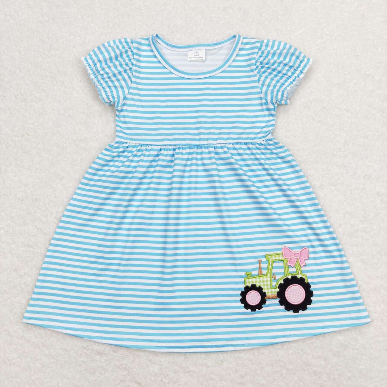 embroidery blue stripes farm tractor dress