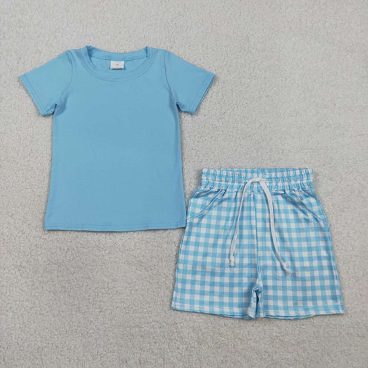 Blue top matching plaid shorts boy summer outfit