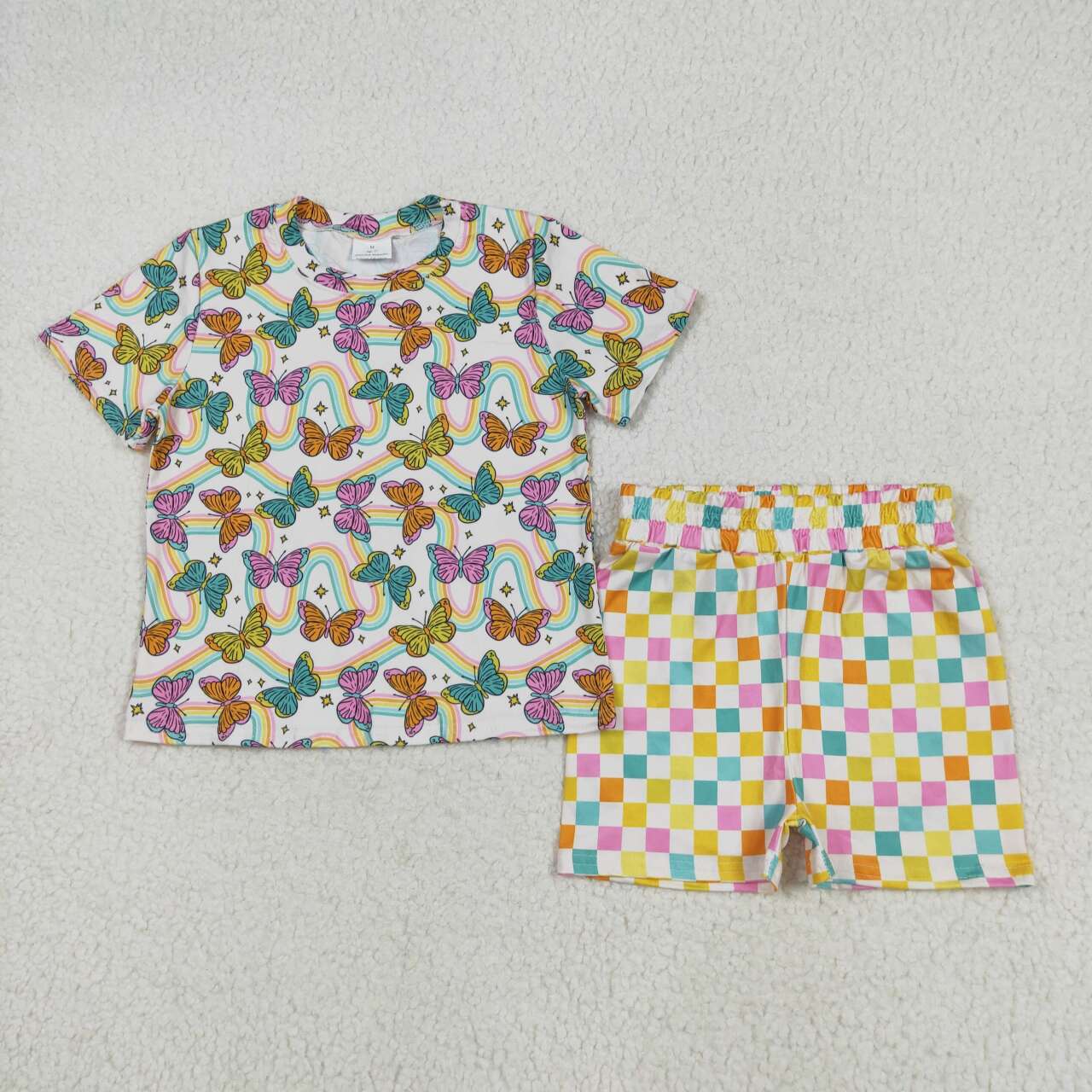 Girls butterfly shirt checkered shorts summer outfit