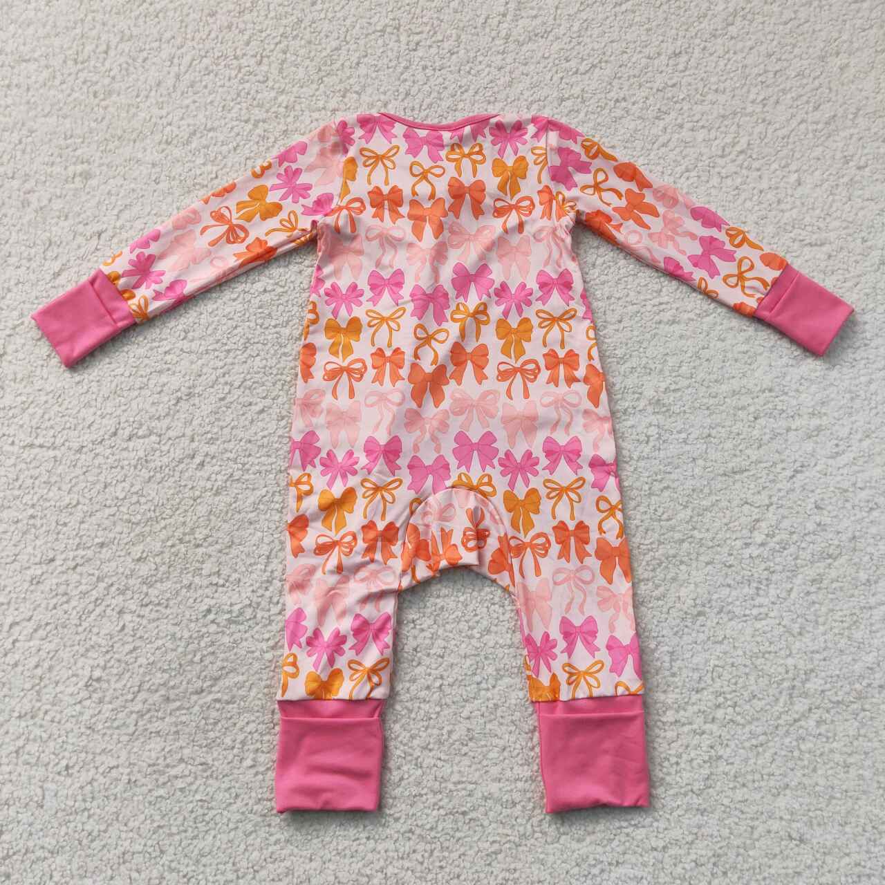 Pink orange bow toddle baby girl long sleeve zip romper