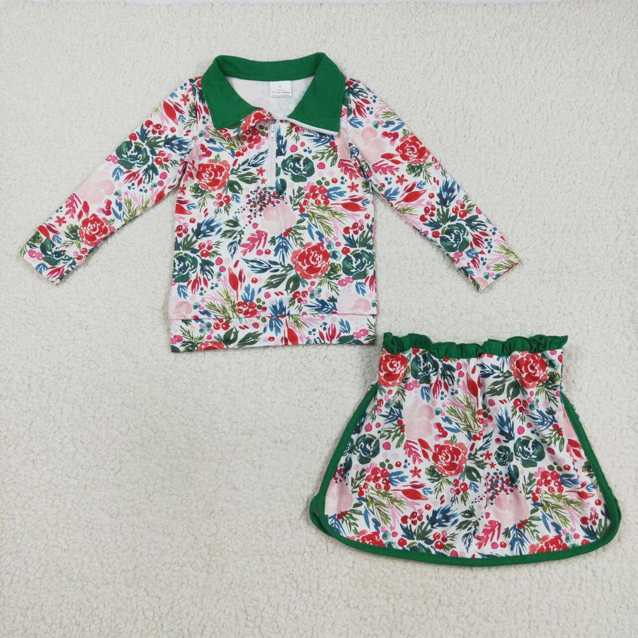Toddle girls green red floral design top matching skirt outfit