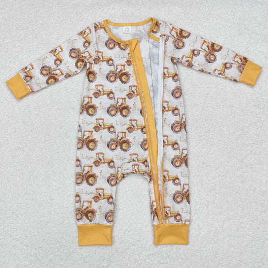 baby boy farm tractor long sleeve bamboo zip romper