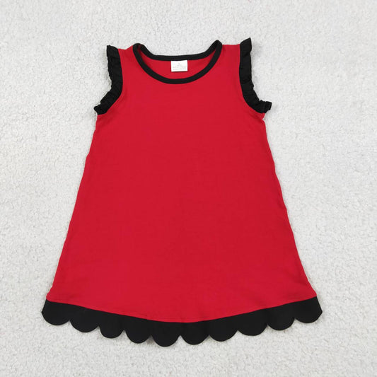 Red color black ruffle girls summer dress