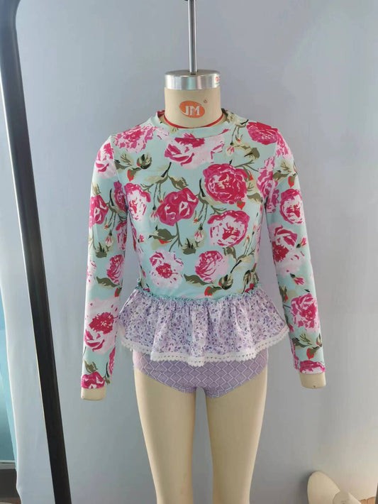 Pink floral long sleeve 2pcs swimwear preorder