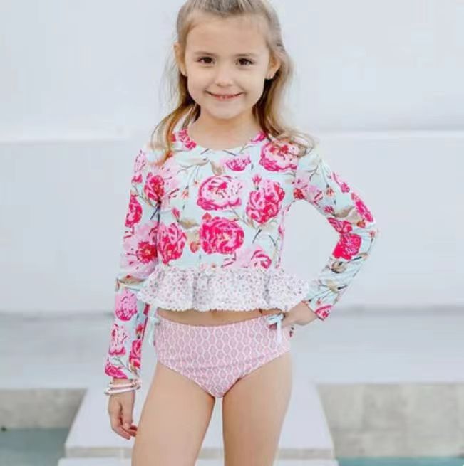 Pink floral long sleeve 2pcs swimwear preorder