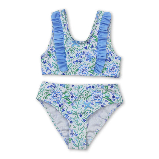 blue green floral 2pcs girls summer swimsuit