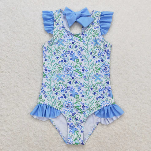 best sister blue green floral  girls summer swimsuit