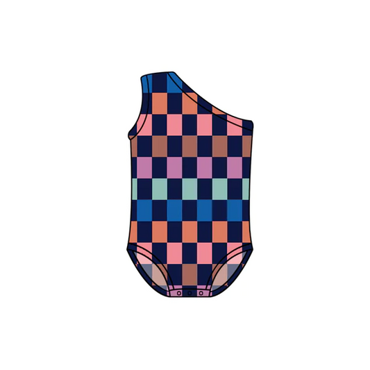 colorful checkered one piece floral swimsuit preorder