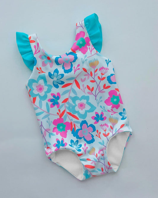 Baby girls one piece blue floral bathing suit kids swimwear preorder