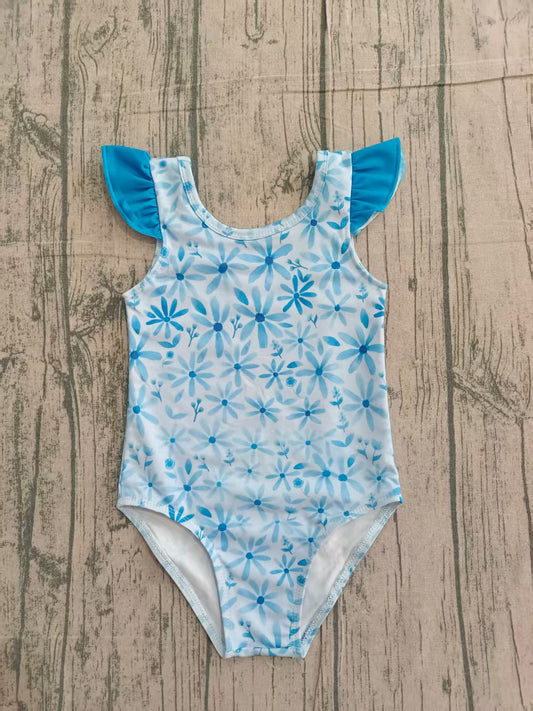 Baby girls one piece blue flower bathing suit kids swimwear preorder