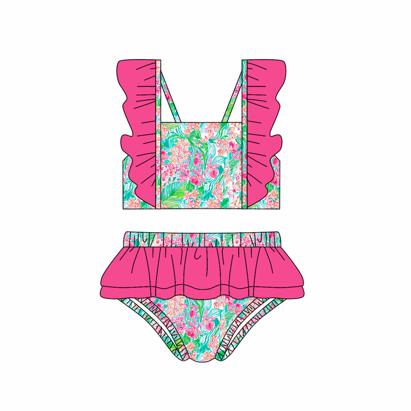Baby girls one piece green floral bathing suit kids swimwear preorder