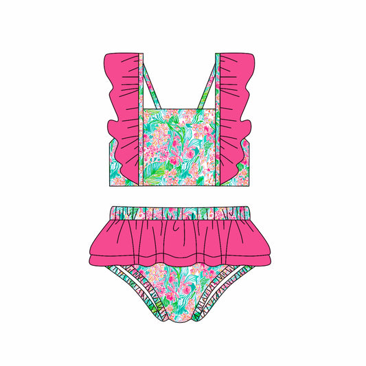 Baby girls one piece green floral bathing suit kids swimwear preorder