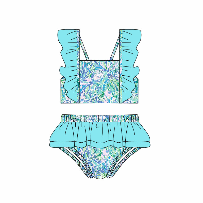 Baby girls one piece aqua floral bathing suit kids swimwear preorder