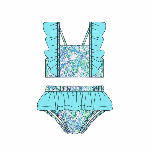 Baby girls one piece aqua floral bathing suit kids swimwear preorder