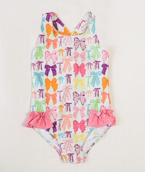 Baby girls one piece colorful bow bathing suit kids swimwear preorder
