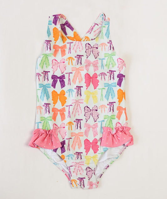 Baby girls one piece colorful bow bathing suit kids swimwear preorder