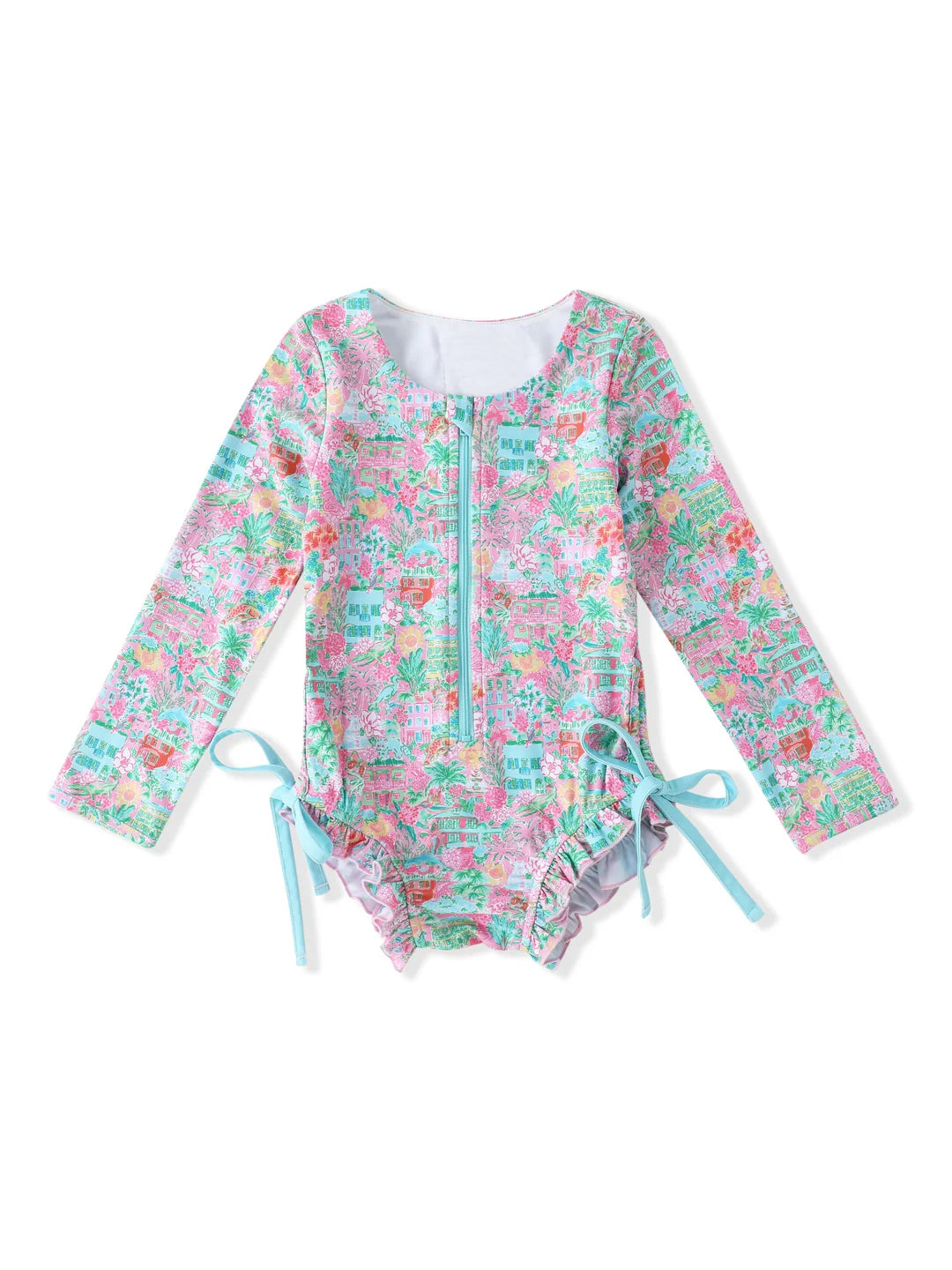 Toddle girls pink green floral one piece long sleeve swimsuit preorder