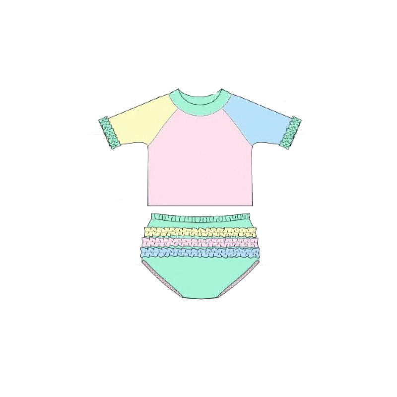 Blue yellow pink color baby two pieces bathing suit kids swimwear preorder