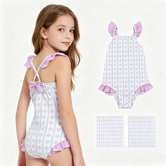 Lavender floral one piece bathing suit kids swimwear