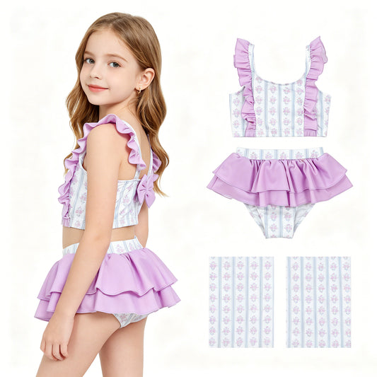 Lavender floral design baby two pieces bathing suit kids swimwear