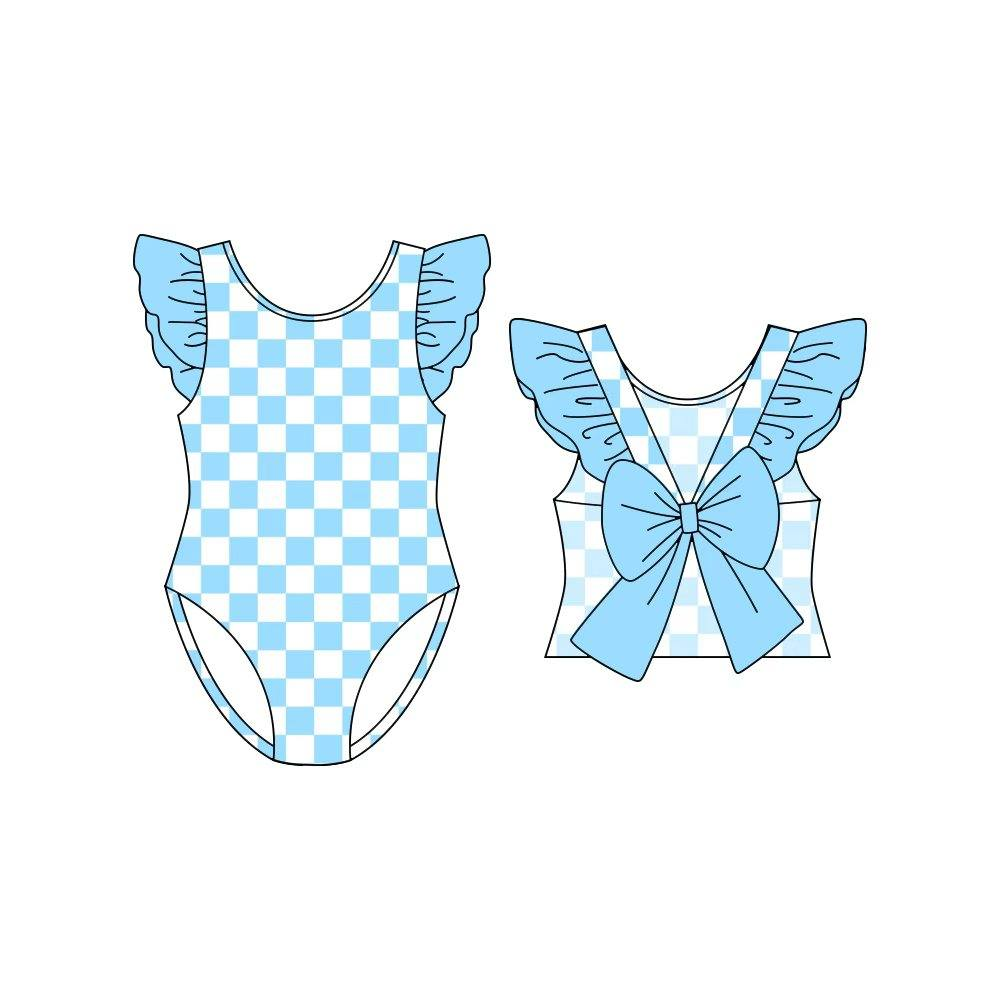 Blue plaid one piece bathing suit kids swimwear preorder