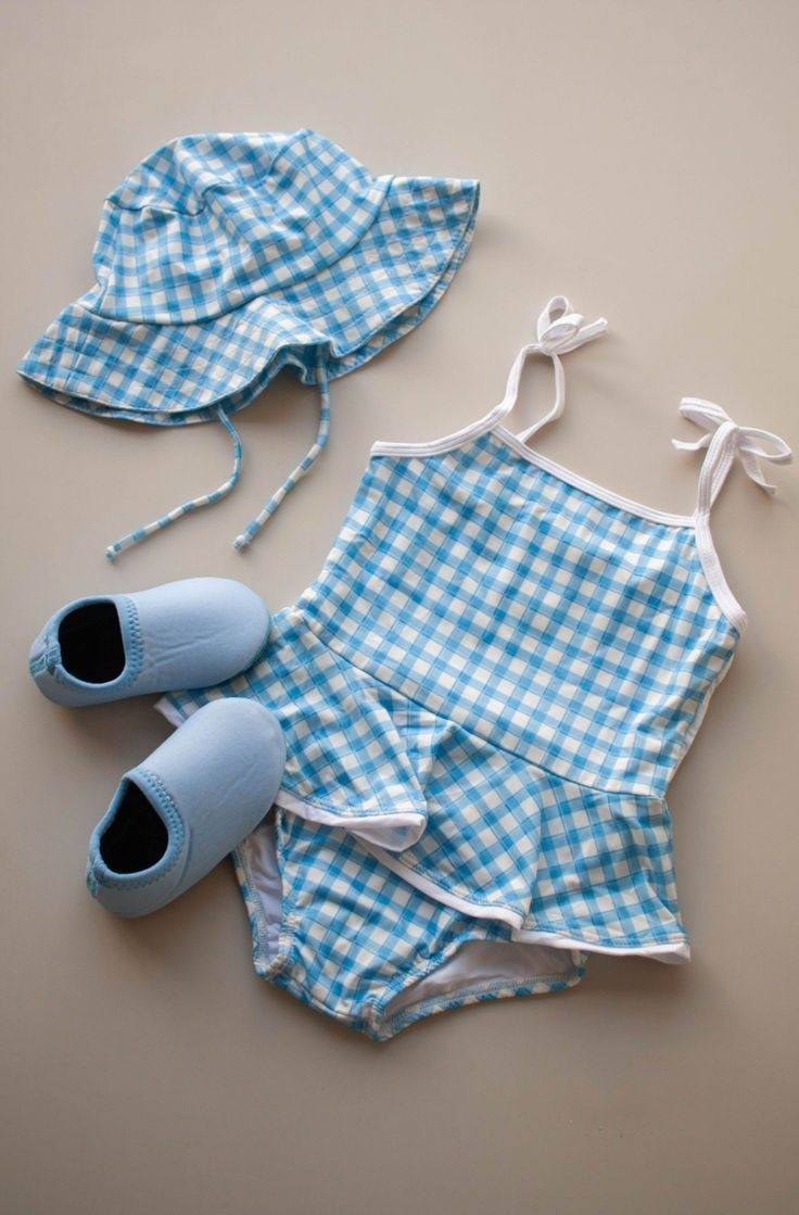 Blue plaid one piece bathing suit kids swimwear preorder