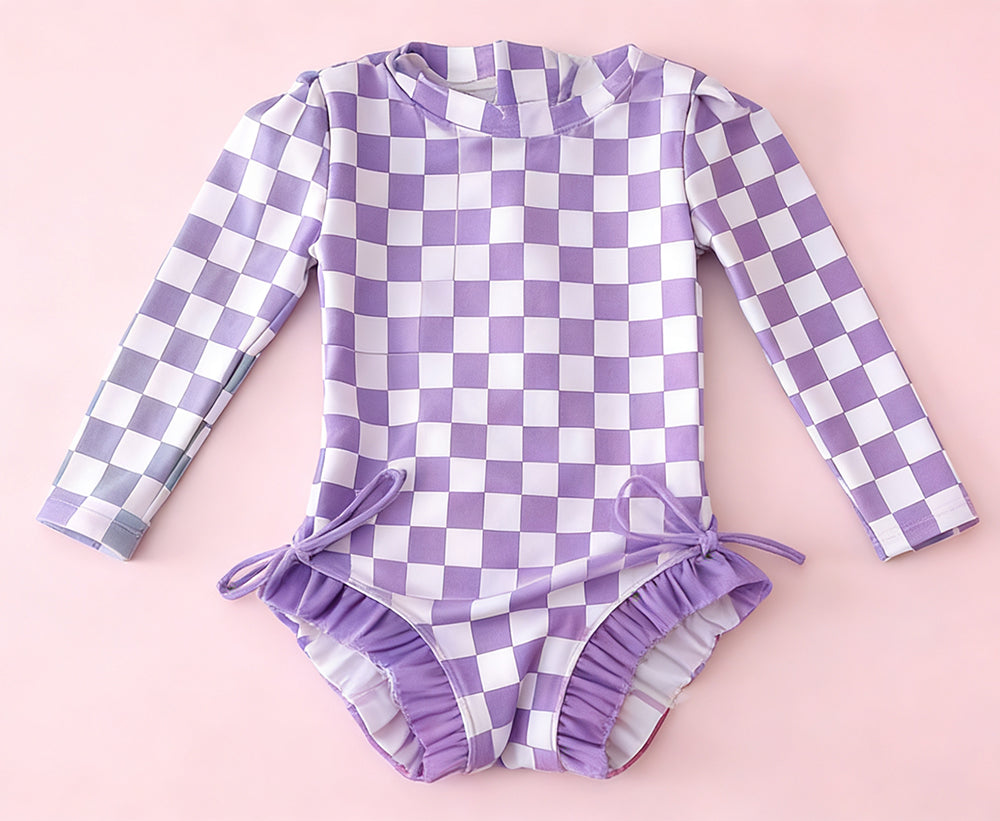 Lavender plaid one piece bathing suit kids swimwear preorder