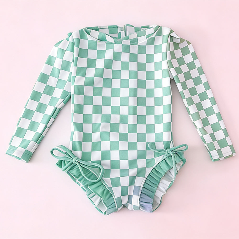 Green plaid one piece bathing suit kids swimwear preorder