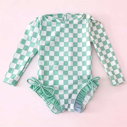 Green plaid one piece bathing suit kids swimwear preorder