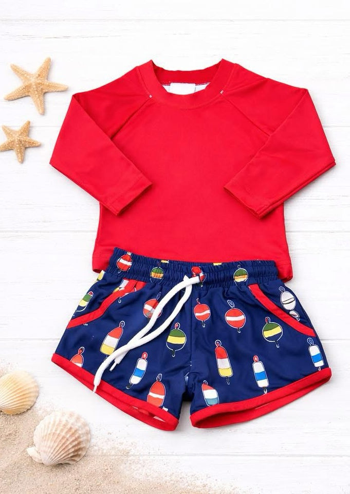 Red long sleeve top fishing shorts boy two pieces bathing suit kids swimwear preorder