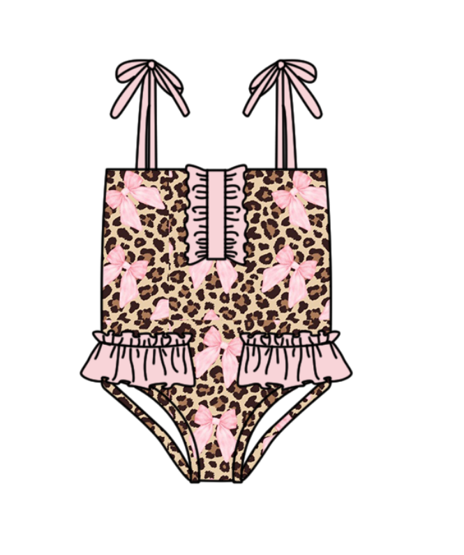 One piece pink bow leopard bathing suit kids swimwear preorder