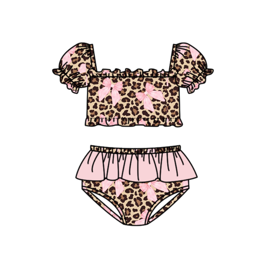Leopard pink bow girls two pieces bathing suit kids swimwear preorder