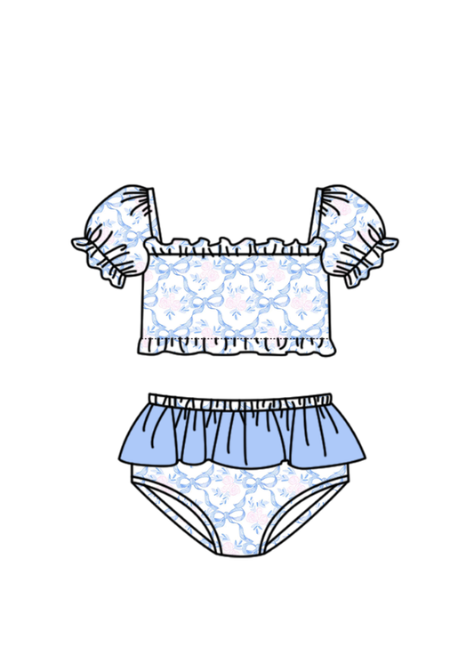 Two pieces blue bow bathing suit kids swimwear preorder
