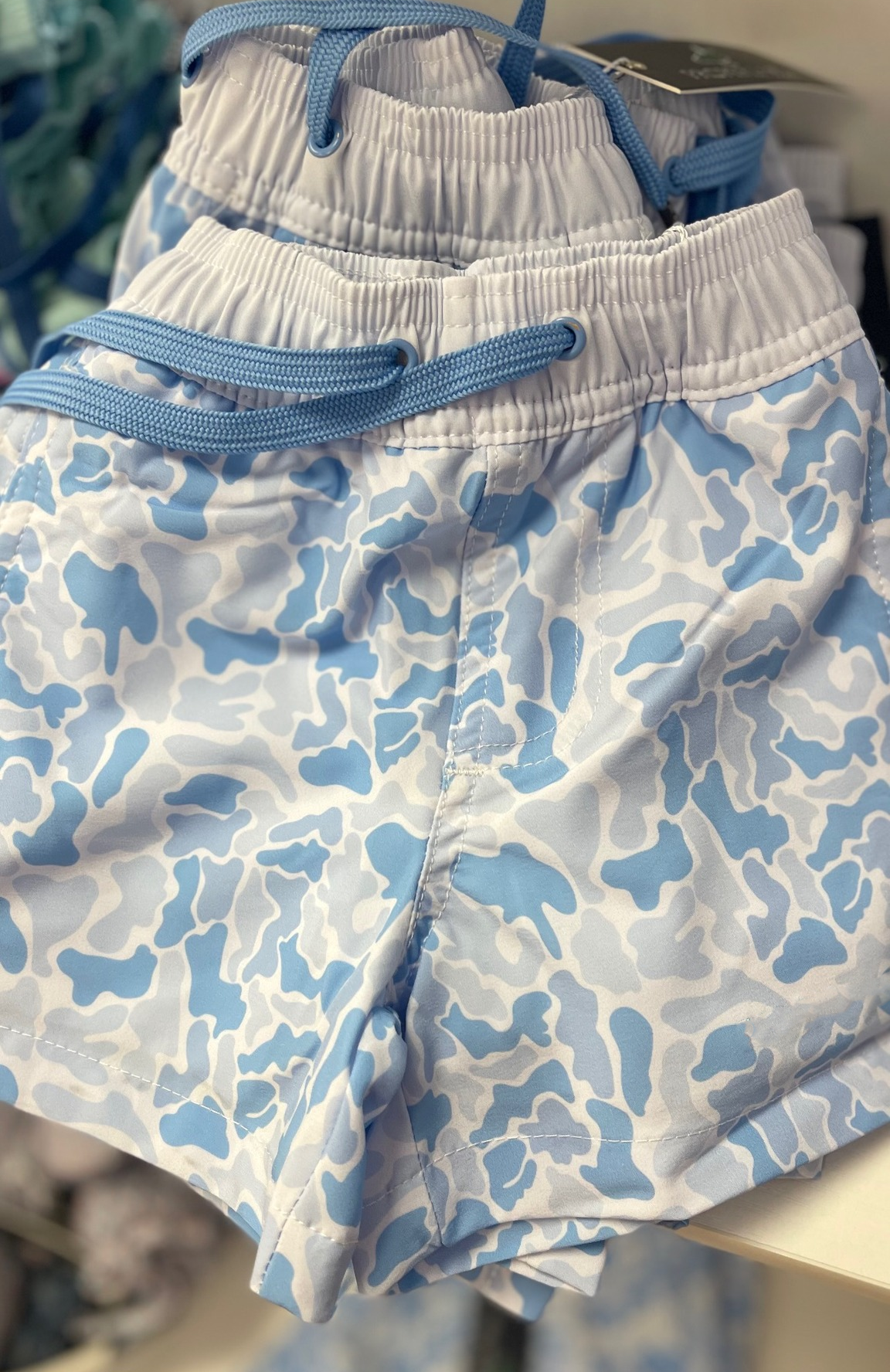 Baby boy blue grey camo print summer swim trunks preorder