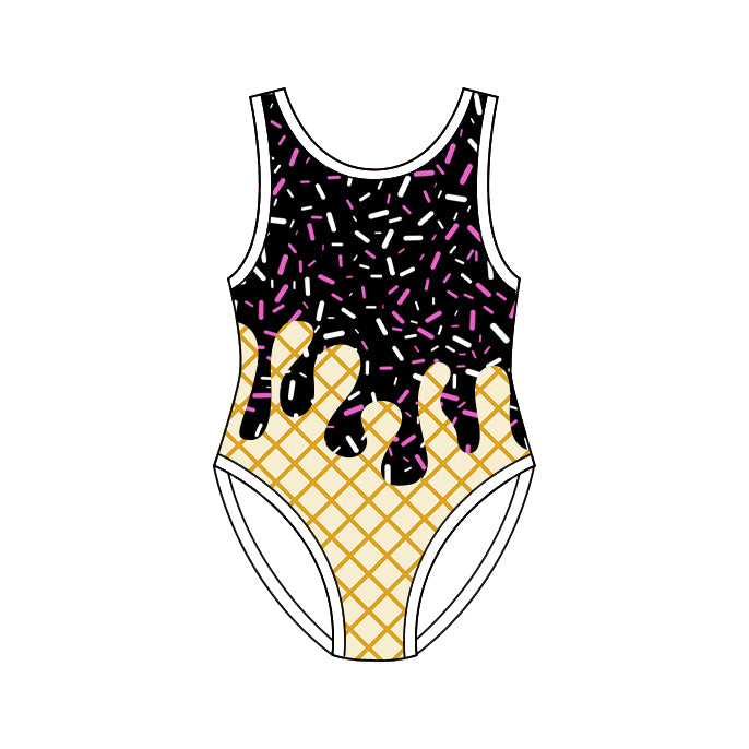 One piece black color drip design bathing suit kids swimwear preorder
