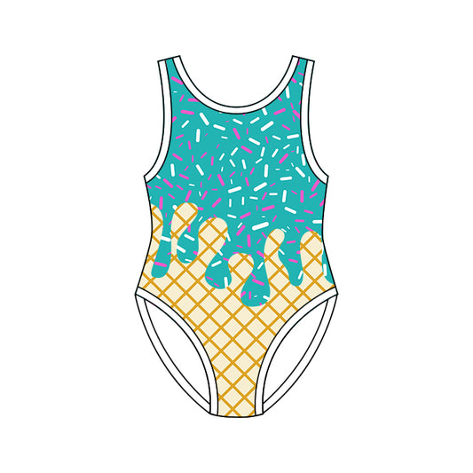 One piece turquoise color drip design bathing suit kids swimwear preorder