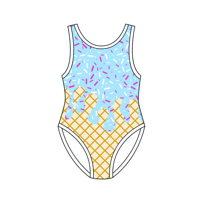 One piece blue color drip design bathing suit kids swimwear preorder