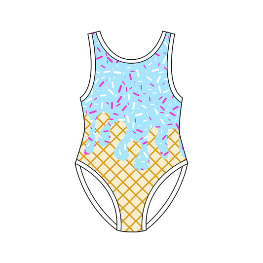 One piece blue color drip design bathing suit kids swimwear preorder