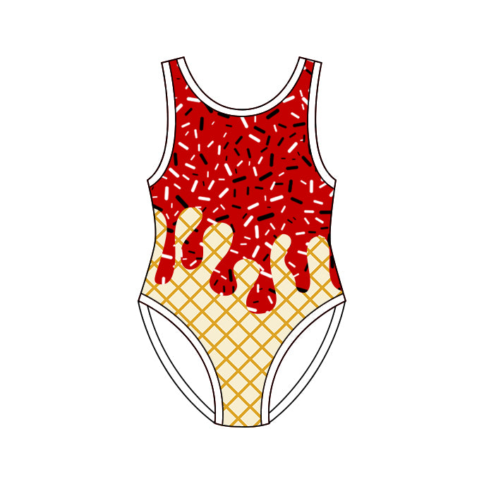 One piece red color drip design bathing suit kids swimwear preorder