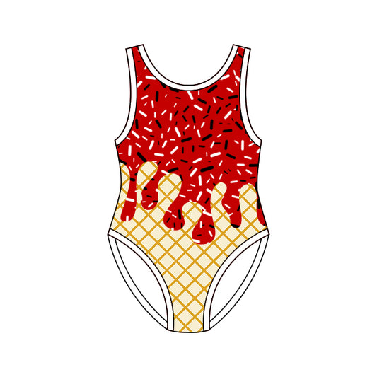 One piece red color drip design bathing suit kids swimwear preorder