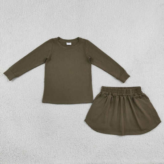 Olive Green long sleeve top matching skorts girls set outfit
