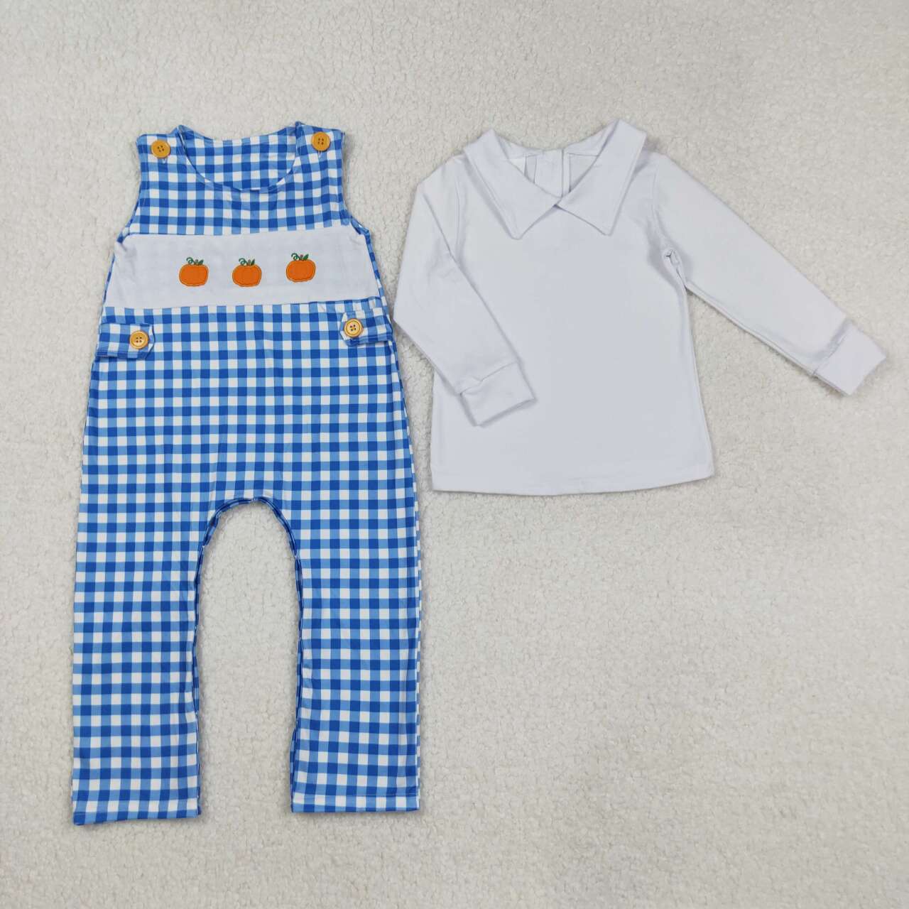 Toddle baby boy long sleeve top blue gingham pumpkin 2pcs romper